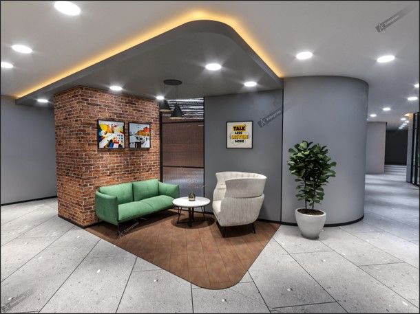 modern office lounge with seating and plant decor